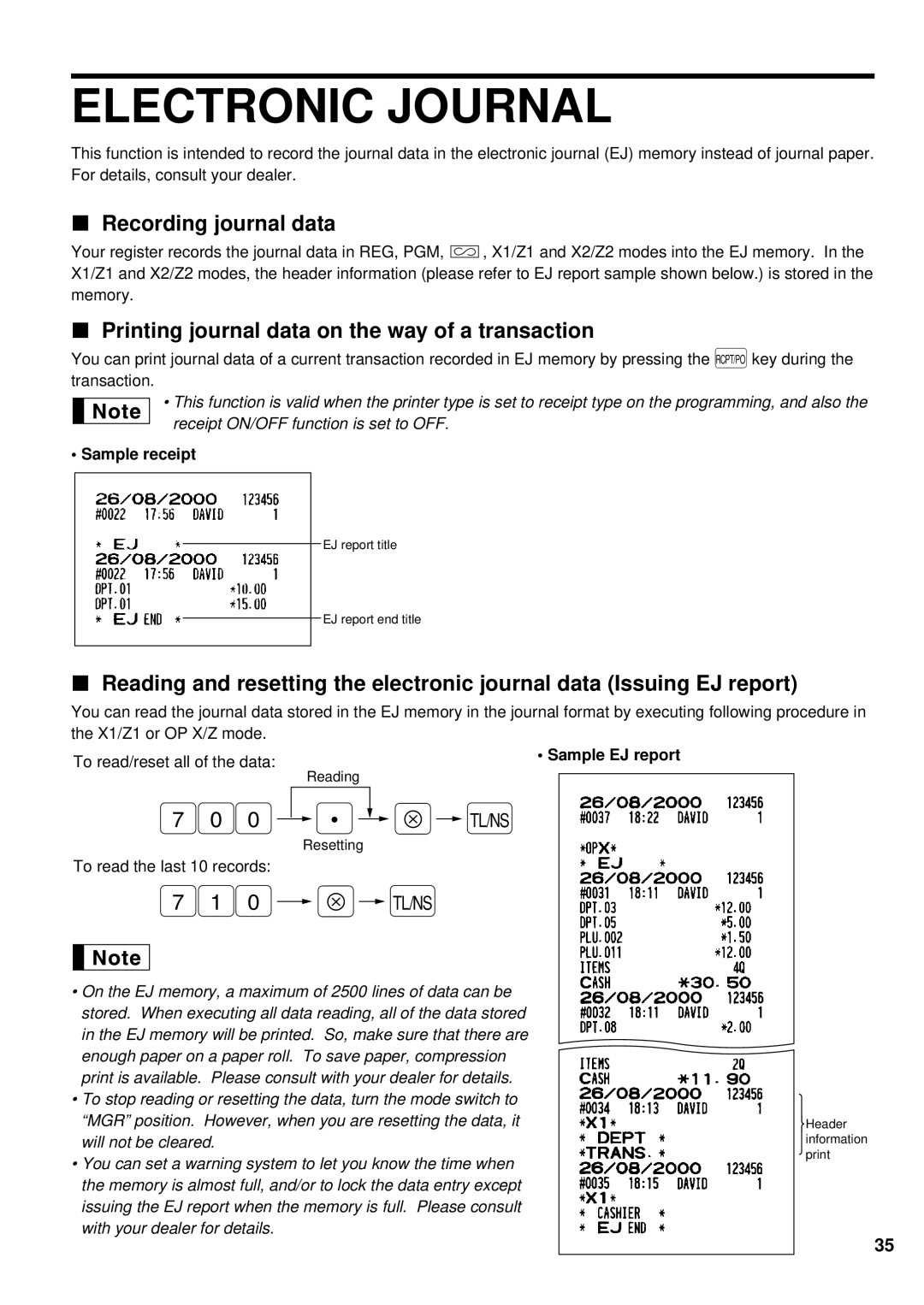 Weider ER-A220 Electronic Journal, Recording journal data, Printing journal data on the way of a transaction 