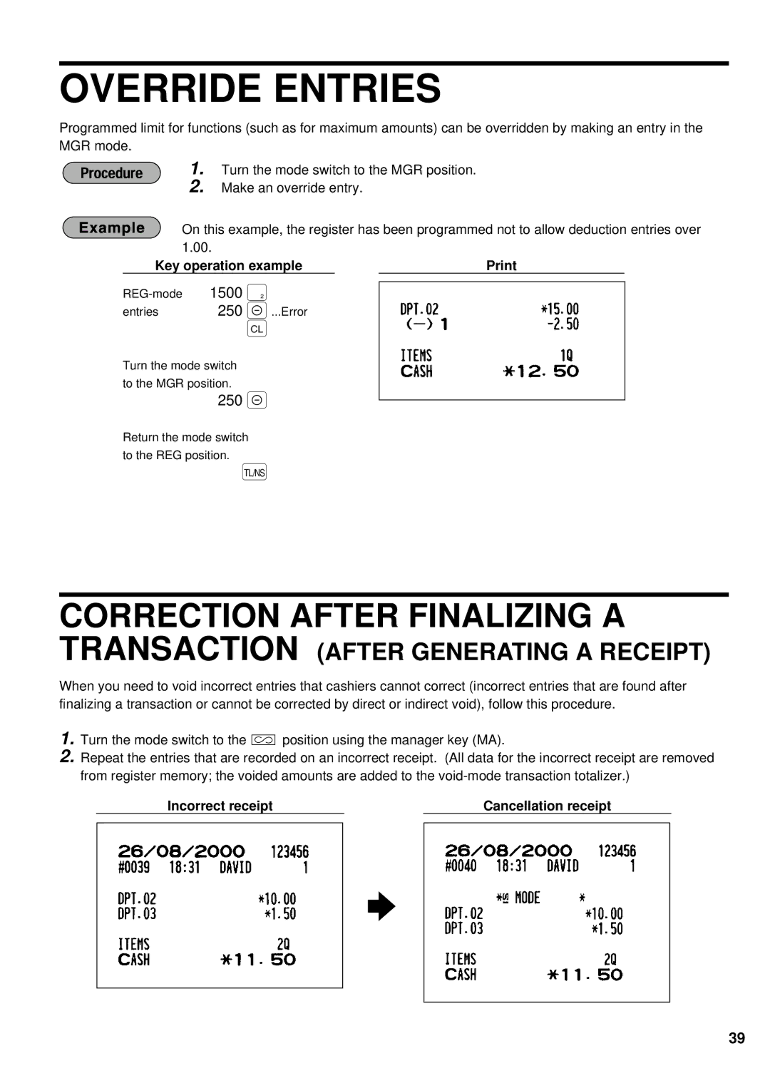 Weider ER-A220 instruction manual Override Entries, 250, Incorrect receipt Cancellation receipt 