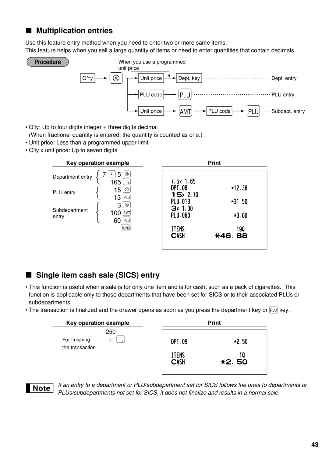 Weider ER-A220 instruction manual Multiplication entries, Single item cash sale Sics entry 