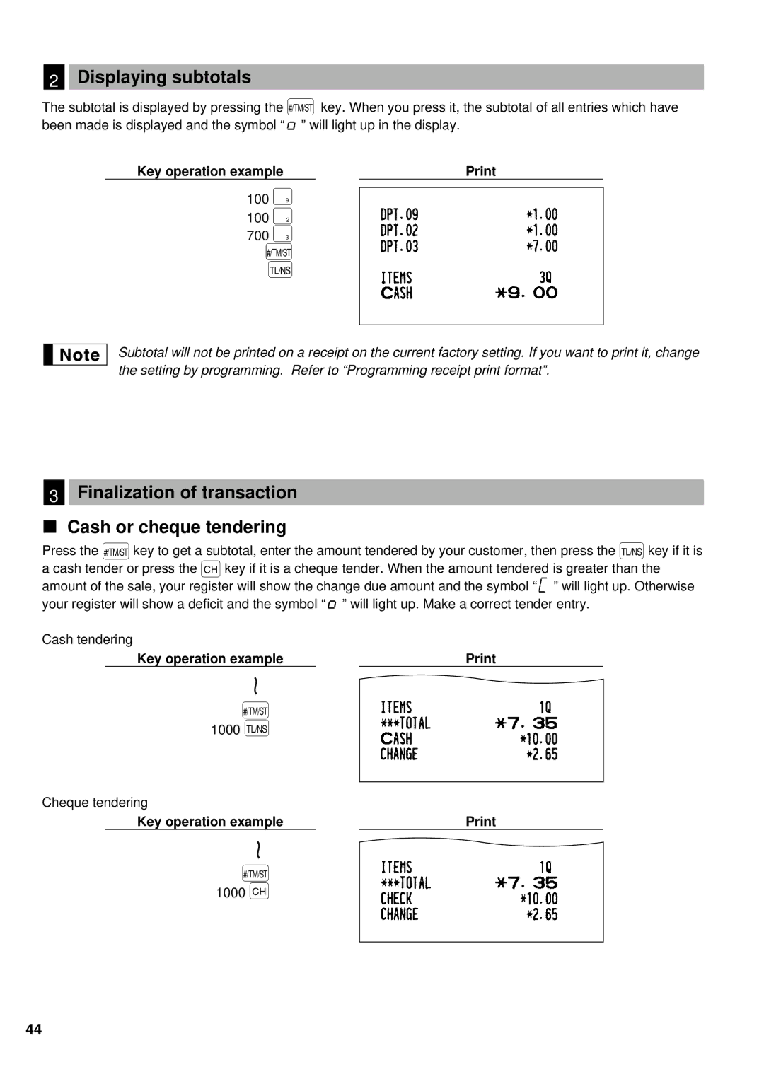 Weider ER-A220 100 ã 100 ˘ 700 ú, Displaying subtotals, Finalization of transaction Cash or cheque tendering 