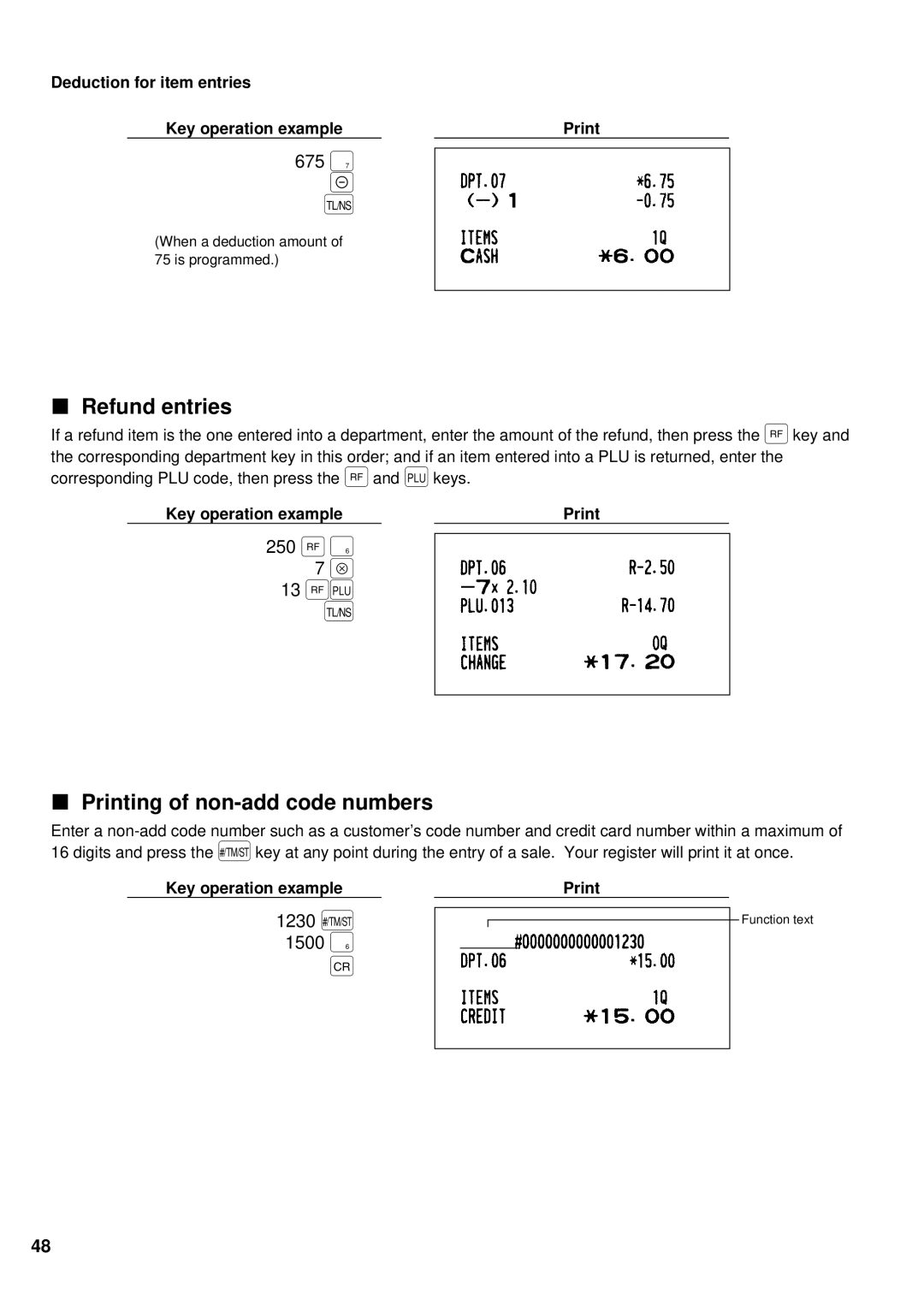 Weider ER-A220 instruction manual 675 ä, 250 ü 13 Ö, Refund entries, Printing of non-add code numbers 