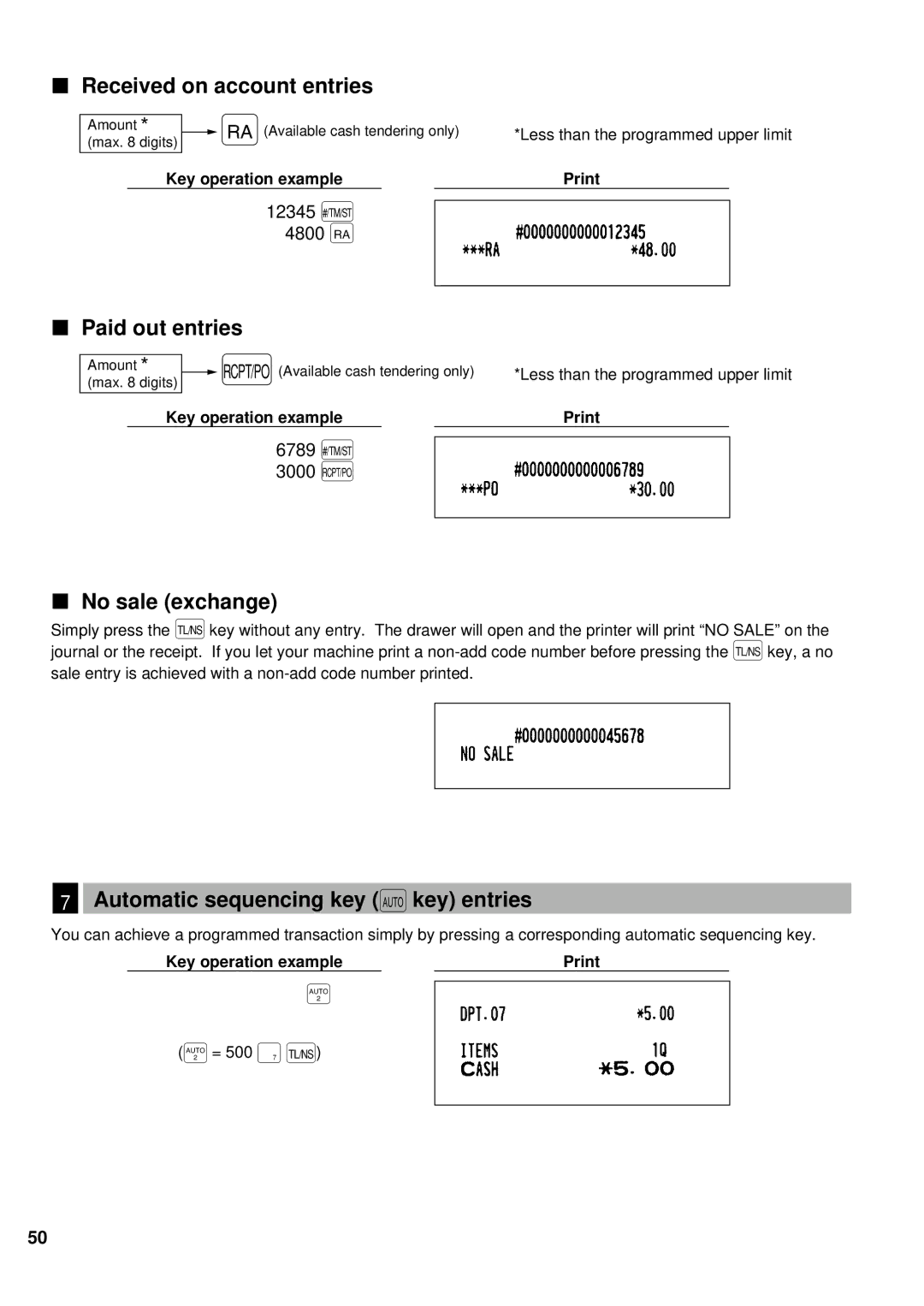 Weider ER-A220 Received on account entries, Paid out entries, No sale exchange, Automatic sequencing key ` key entries 