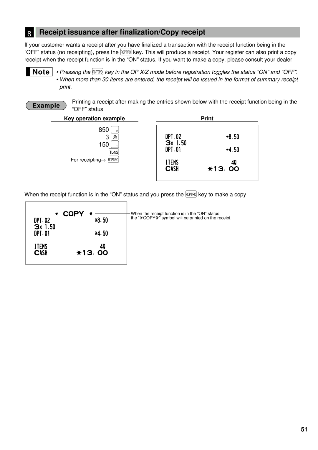 Weider ER-A220 instruction manual 850 ˘ 150 ¯, Receipt issuance after finalization/Copy receipt 