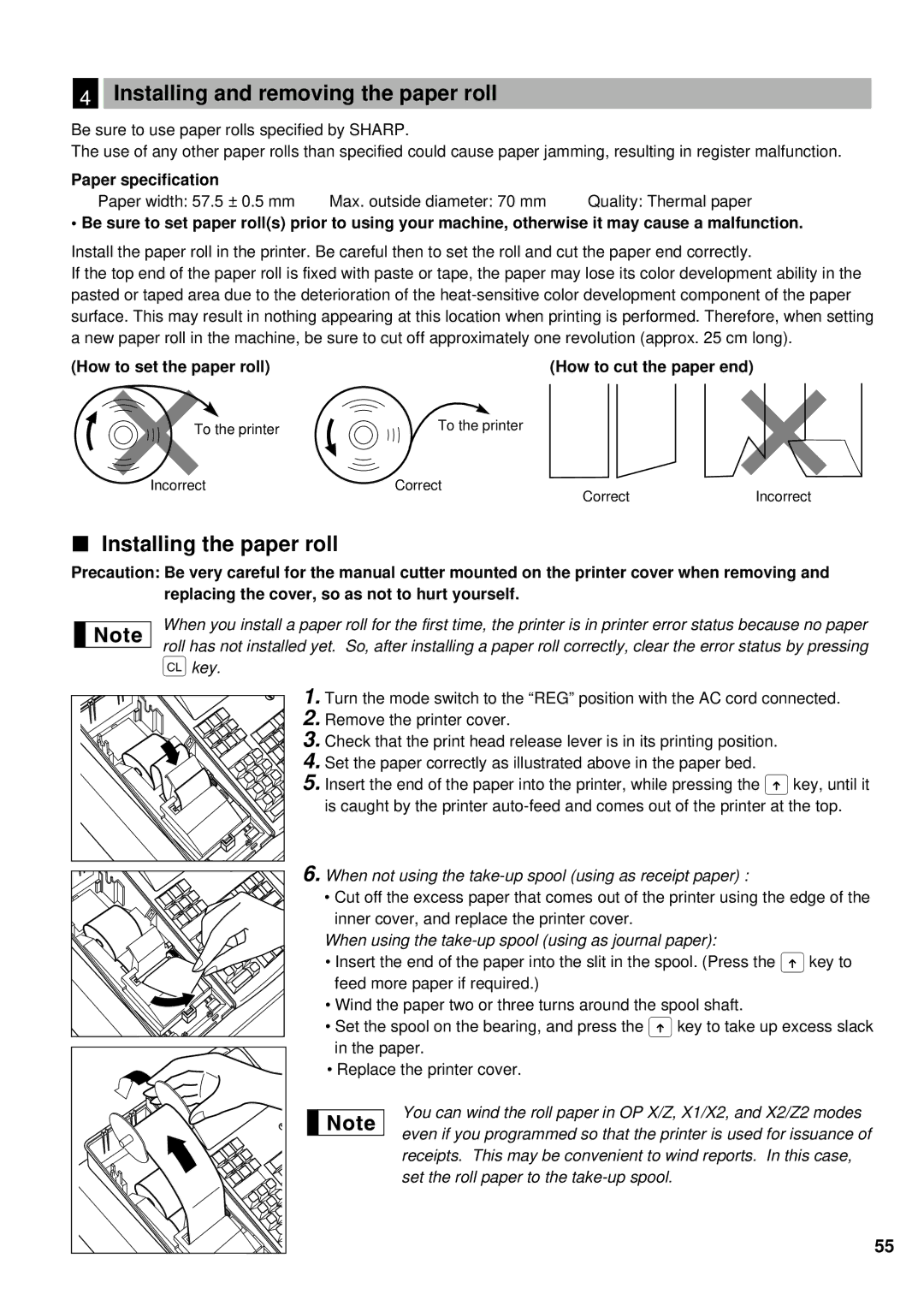 Weider ER-A220 instruction manual Installing and removing the paper roll, Installing the paper roll, Paper specification 