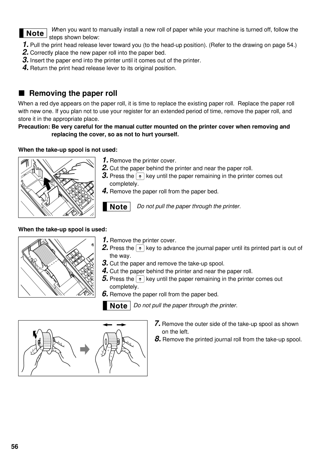 Weider ER-A220 instruction manual Removing the paper roll, When the take-up spool is used 