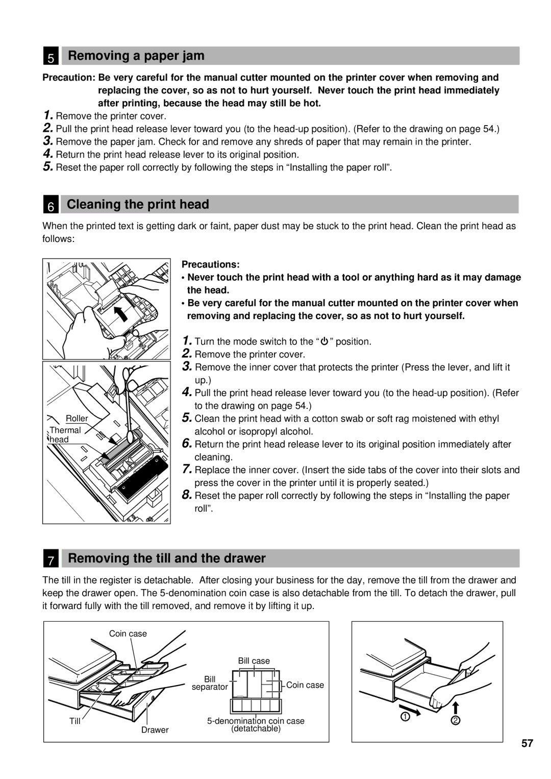 Weider ER-A220 instruction manual Removing a paper jam, Cleaning the print head, Removing the till and the drawer 