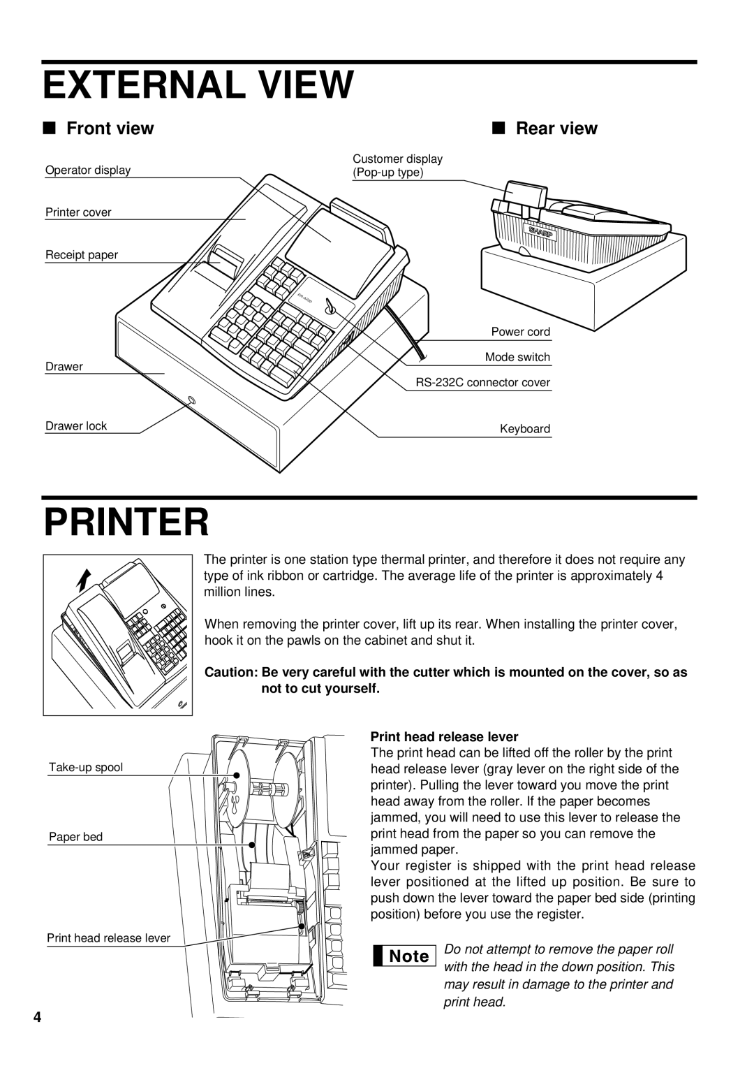 Weider ER-A220 instruction manual External View, Printer, Front view, Rear view, Print head release lever 