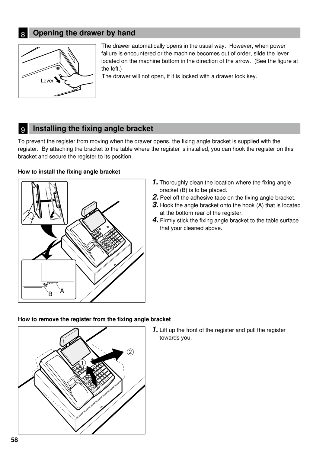 Weider ER-A220 Opening the drawer by hand, Installing the fixing angle bracket, How to install the fixing angle bracket 