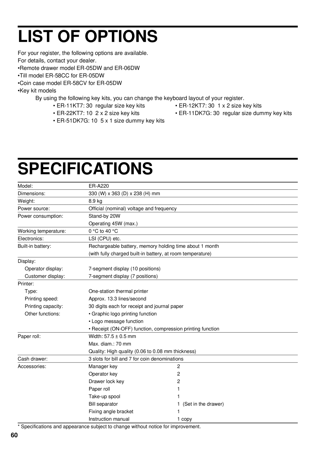 Weider ER-A220 instruction manual List of Options, Specifications 