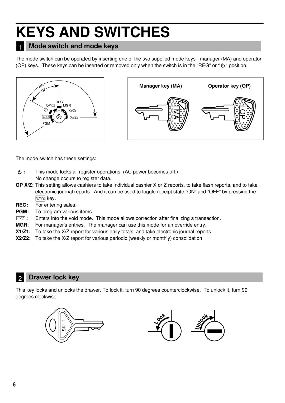 Weider ER-A220 Keys and Switches, Mode switch and mode keys, Drawer lock key, Manager key MA Operator key OP 