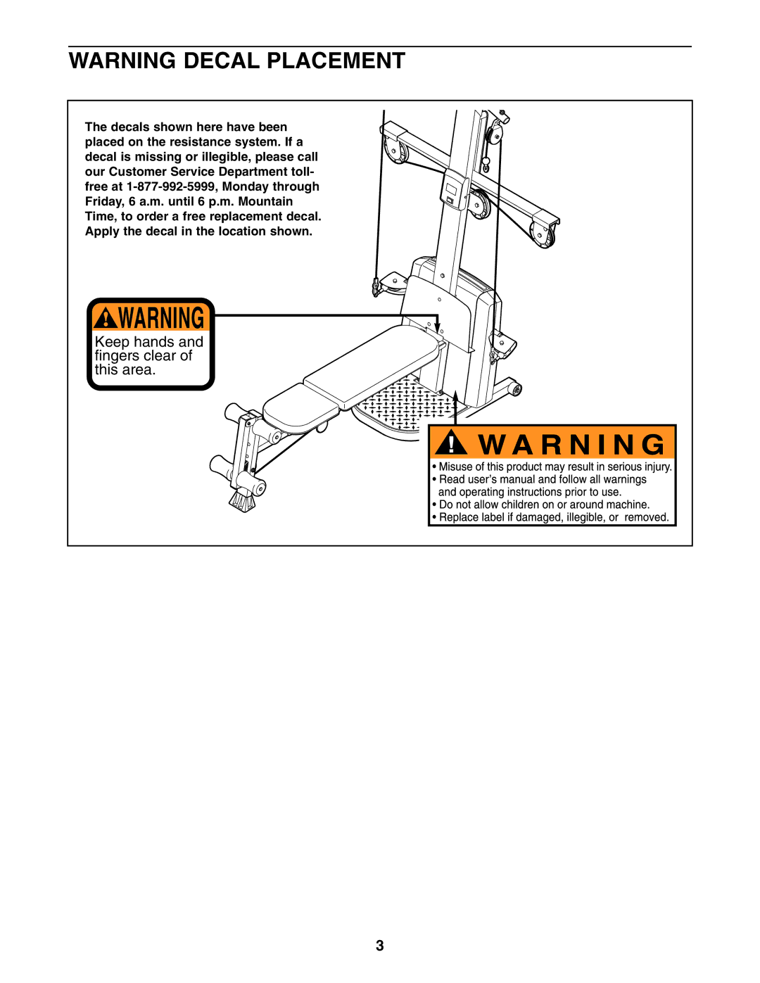 Weider PLATINUM 600 user manual Keep hands and fingers clear of this area 