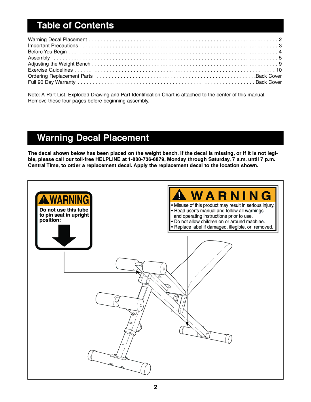 Weider PRO 125 user manual Table of Contents 