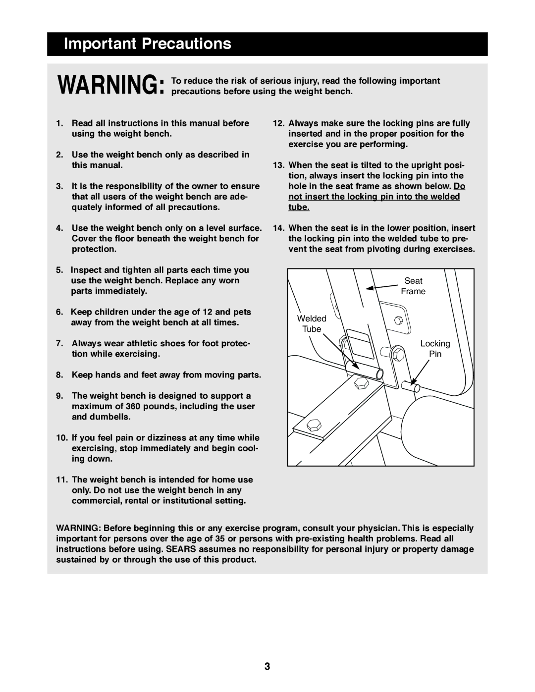 Weider PRO 125 user manual Important Precautions 