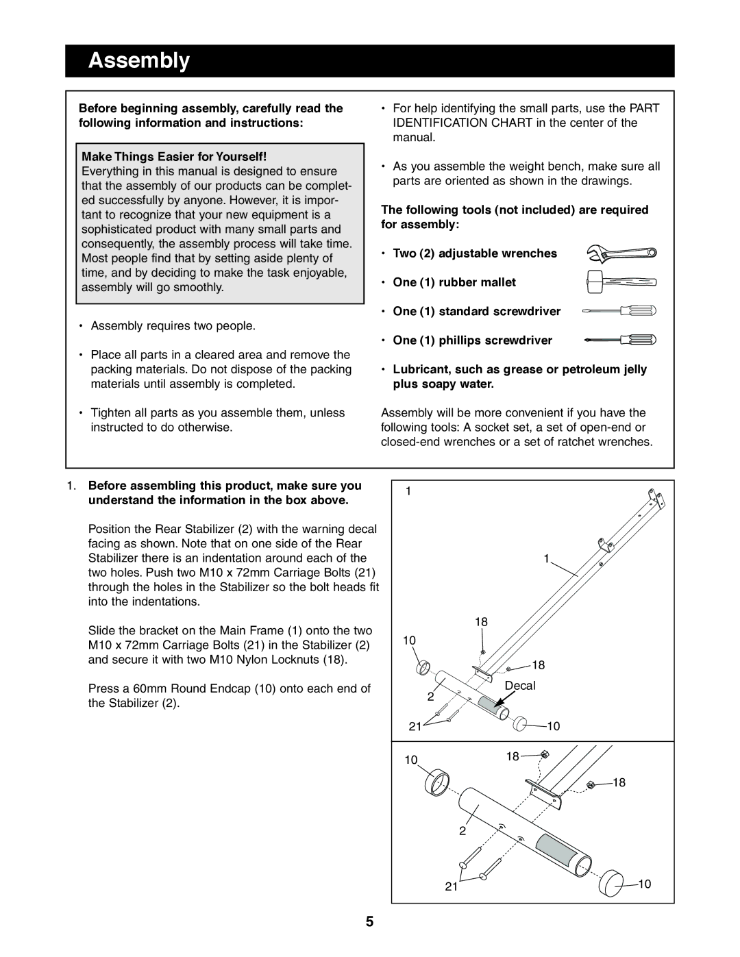 Weider PRO 125 user manual Assembly 