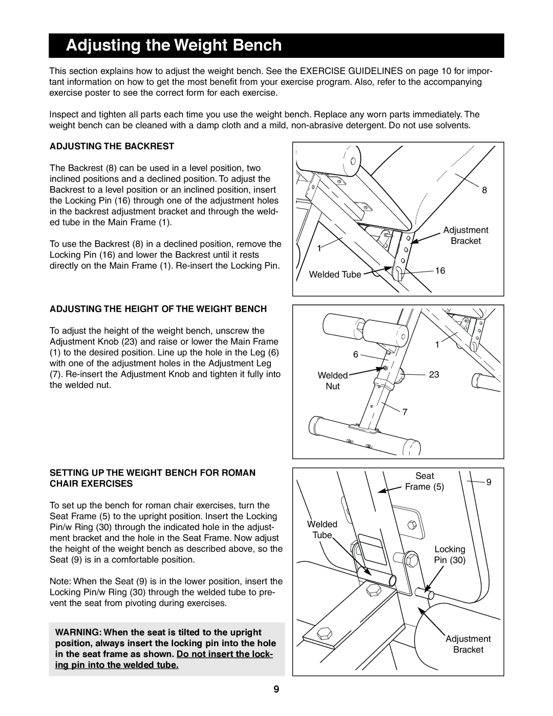 Weider PRO 125 user manual Adjusting the Weight Bench, Adjusting the Backrest, Adjusting the Height of the Weight Bench 