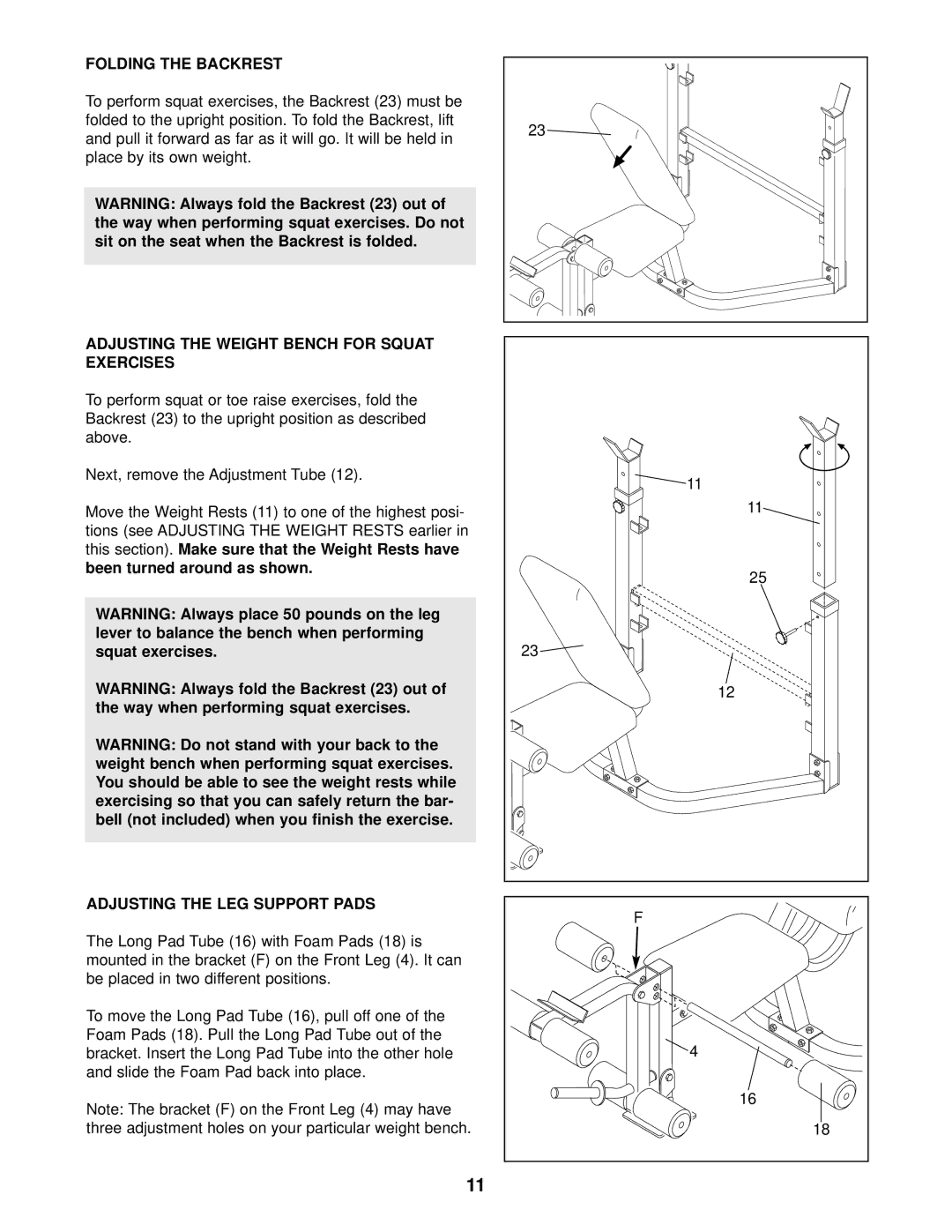 Weider Pro 208 Folding the Backrest, Adjusting the Weight Bench for Squat Exercises, Next, remove the Adjustment Tube 