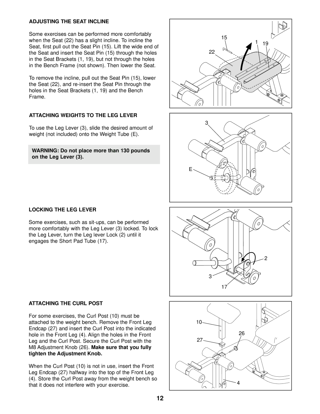 Weider Pro 208 Adjusting the Seat Incline, Attaching Weights to the LEG Lever, Locking the LEG Lever, M8 Adjustment Knob 