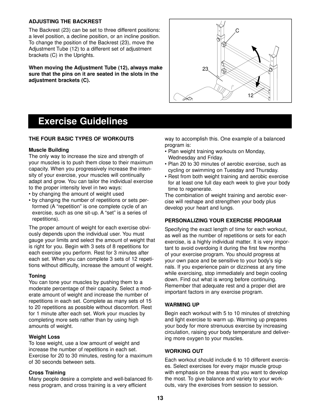 Weider Pro 208 user manual Exercise Guidelines 