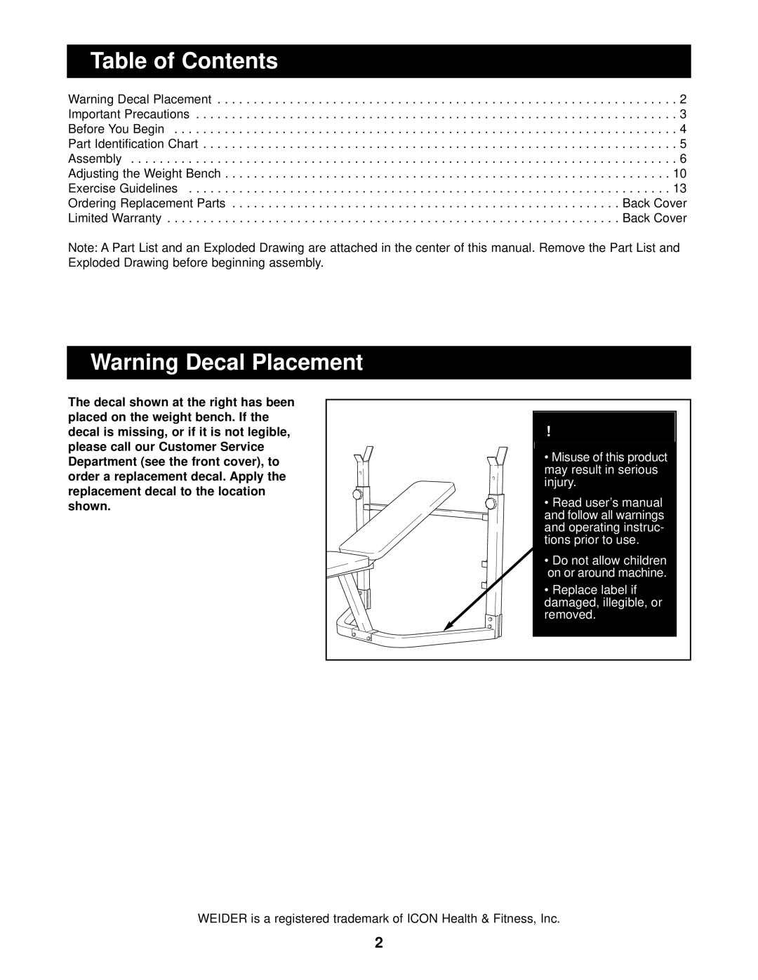 Weider Pro 208 user manual Table of Contents 