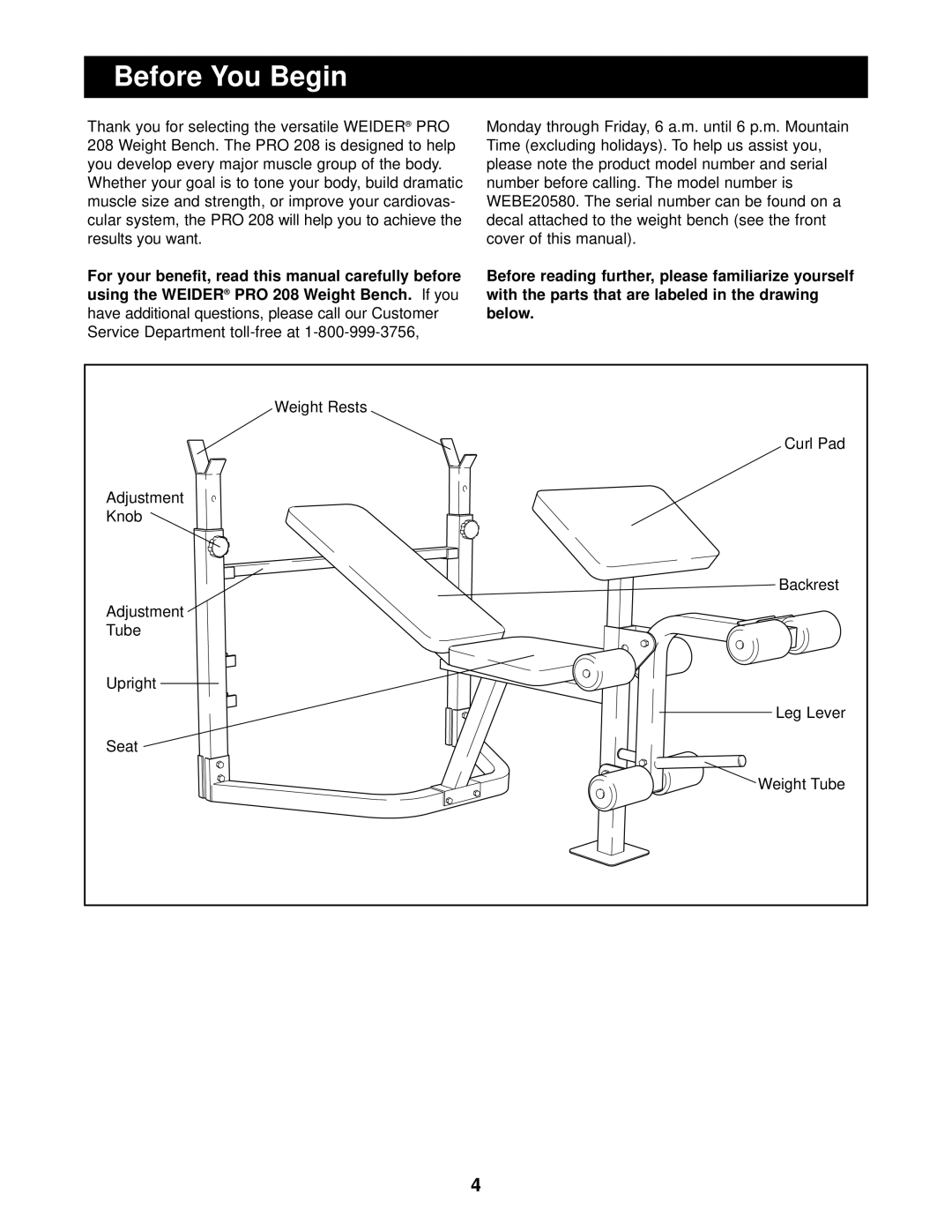 Weider Pro 208 user manual Before You Begin, Below 