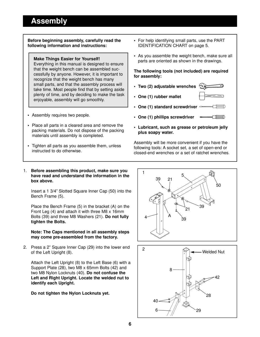 Weider Pro 208 user manual Assembly, One 1 phillips screwdriver, Box above, Do not tighten the Nylon Locknuts yet 