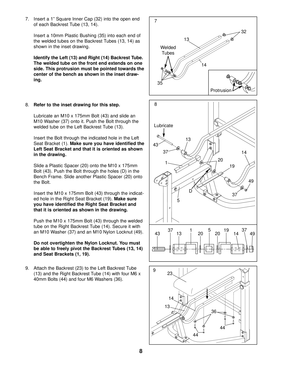 Weider Pro 208 user manual Refer to the inset drawing for this step, Seat Bracket 1. Make sure you have identified 