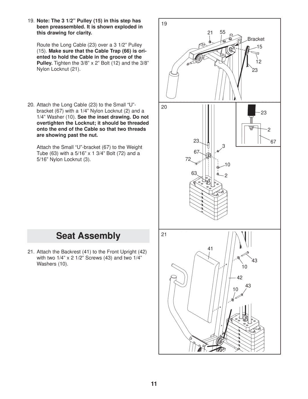 Weider Pro 2250 user manual Seat Assembly 