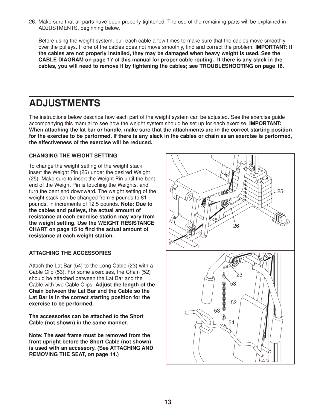 Weider Pro 2250 user manual Adjustments, Changing the Weight Setting, Attaching the Accessories 