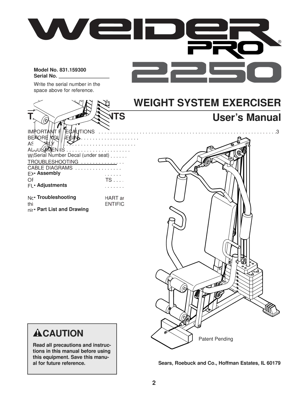 Weider Pro 2250 user manual Table of Contents 