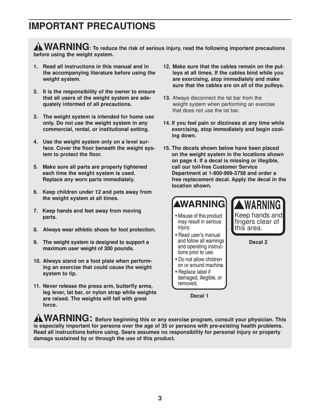 Weider Pro 2250 user manual Important Precautions, Decal 