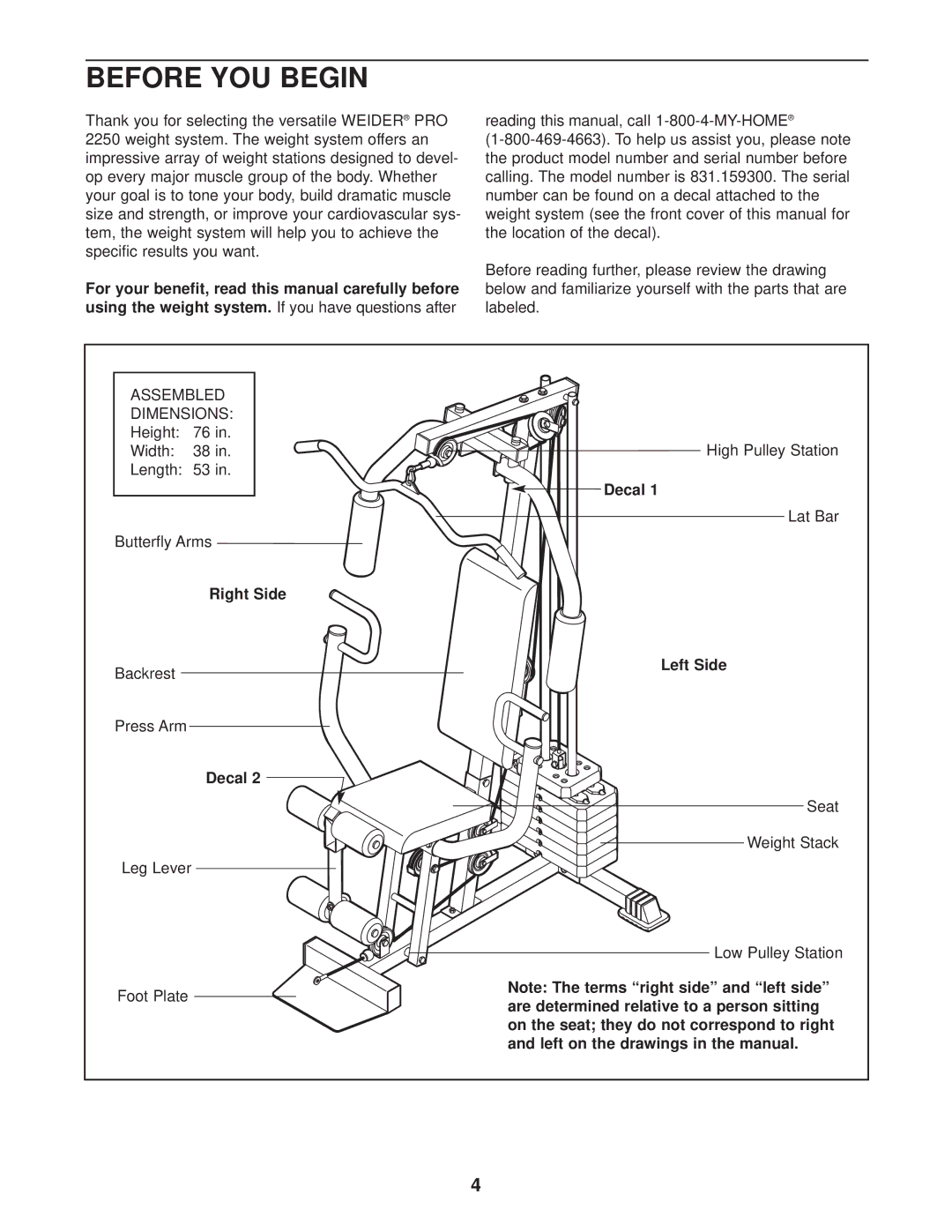 Weider Pro 2250 user manual Before YOU Begin, For your benefit, read this manual carefully before, Right Side, Left Side 