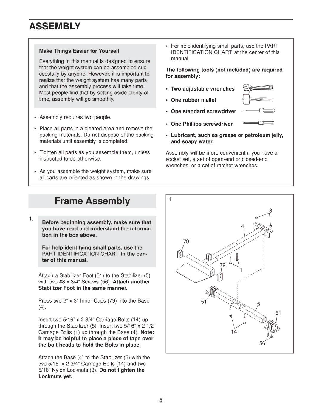 Weider Pro 2250 Frame Assembly, Make Things Easier for Yourself, Stabilizer Foot in the same manner, Locknuts yet 