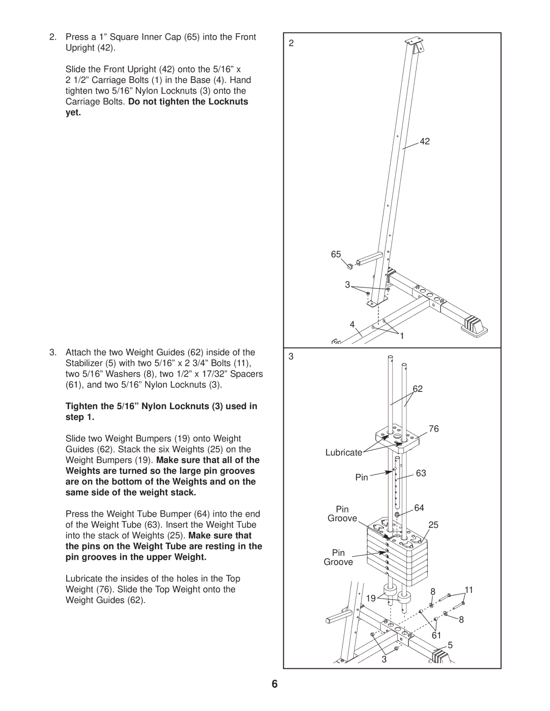 Weider Pro 2250 user manual Tighten the 5/16 Nylon Locknuts 3 used in step 