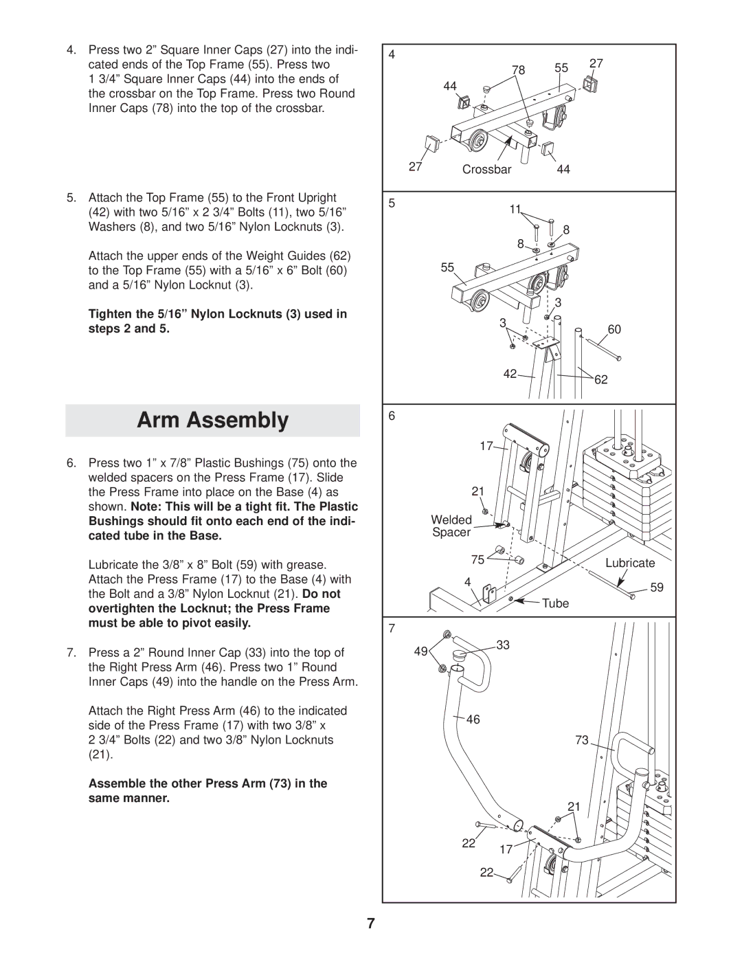 Weider Pro 2250 user manual Arm Assembly, Tighten the 5/16 Nylon Locknuts 3 used in steps 2 