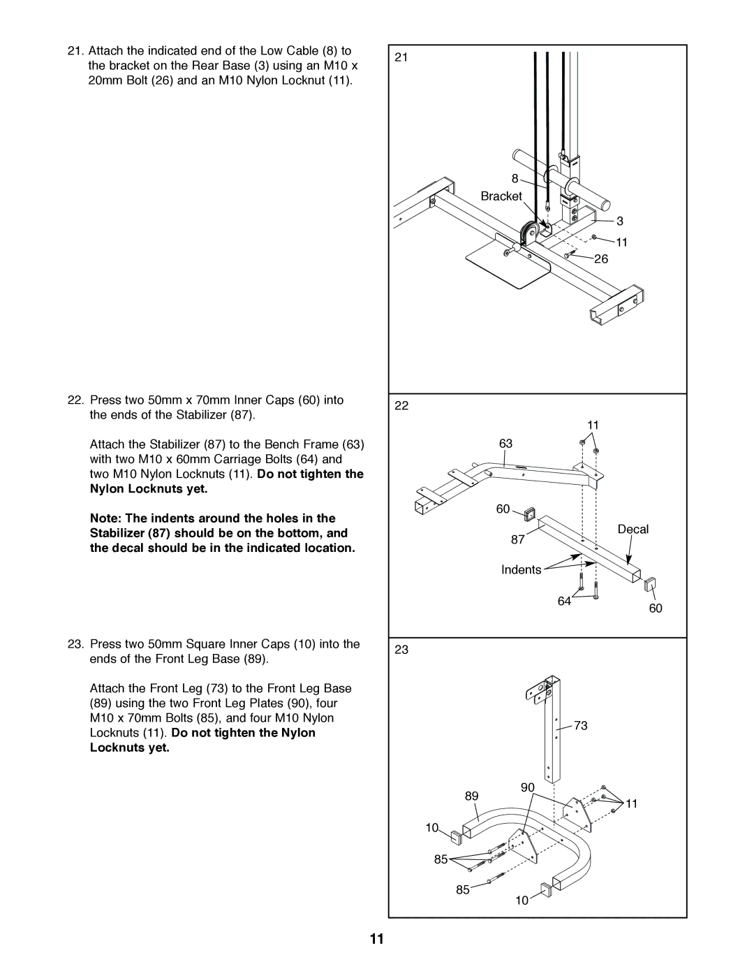 Weider PRO 375 user manual Nylon Locknuts yet 