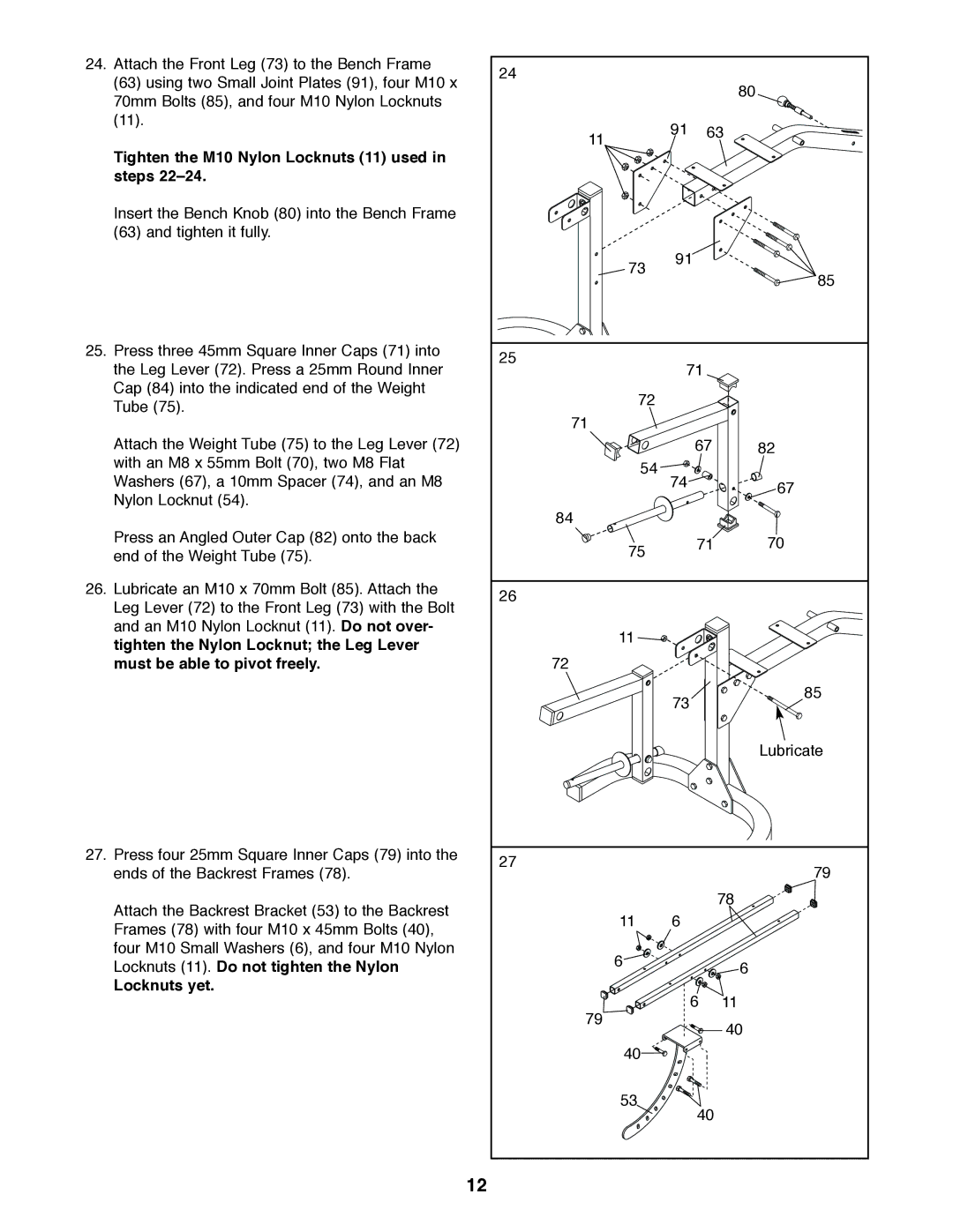 Weider PRO 375 user manual Tighten the M10 Nylon Locknuts 11 used in steps 