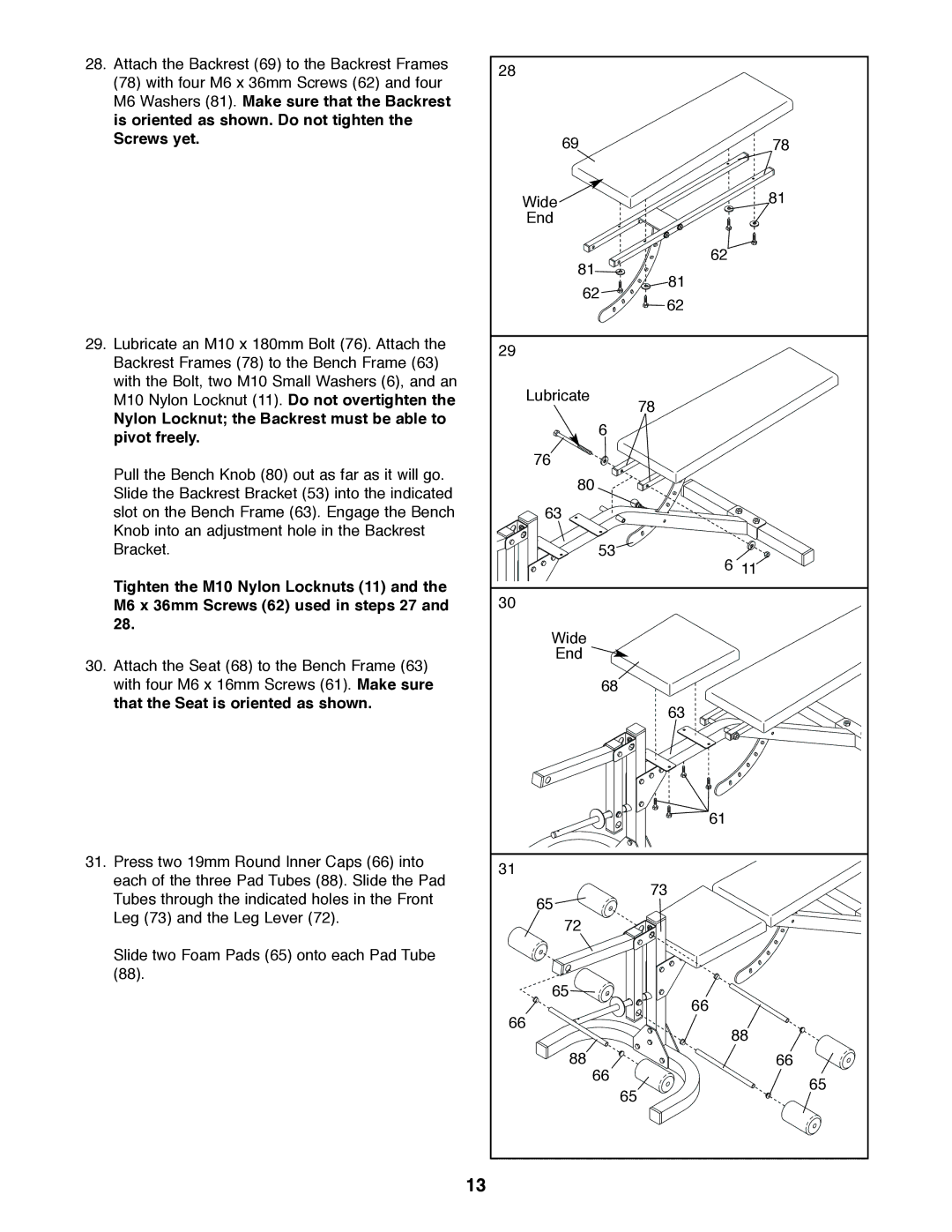 Weider PRO 375 user manual Nylon Locknut the Backrest must be able to pivot freely 