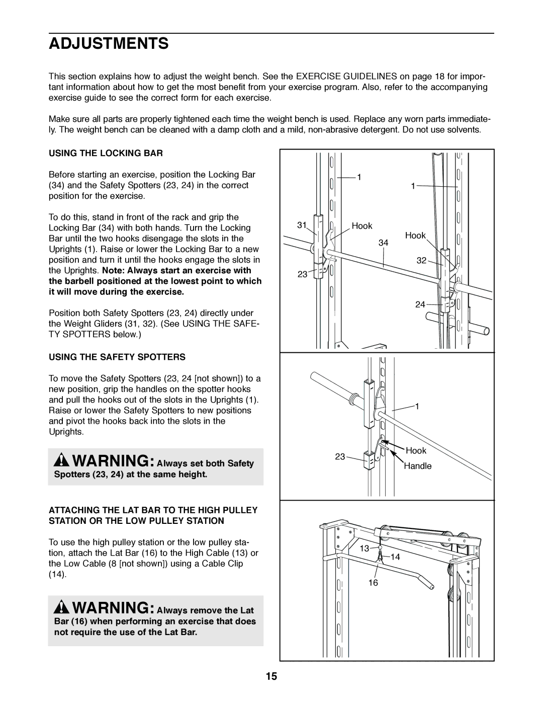 Weider PRO 375 user manual Adjustments, Using the Locking BAR, Using the Safety Spotters 