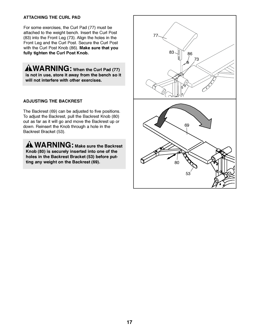 Weider PRO 375 user manual Attaching the Curl PAD, Adjusting the Backrest 