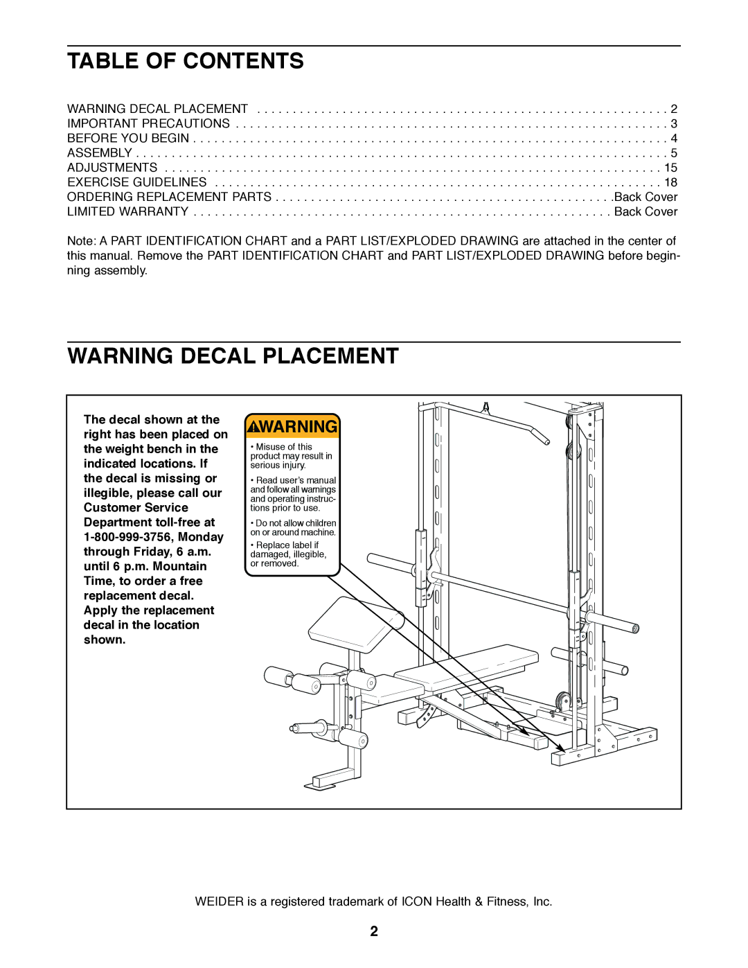 Weider PRO 375 user manual Table of Contents 