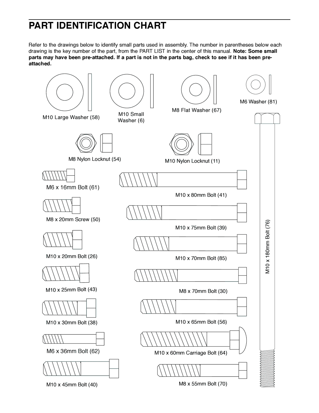 Weider PRO 375 user manual Part Identification Chart, M6 x 36mm Bolt 