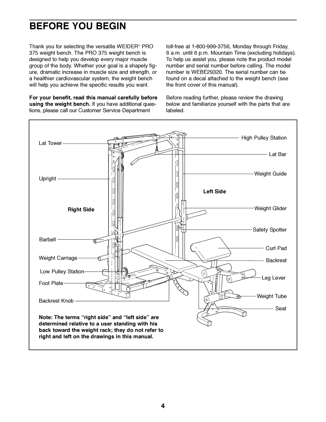 Weider PRO 375 user manual Before YOU Begin, Right Side 