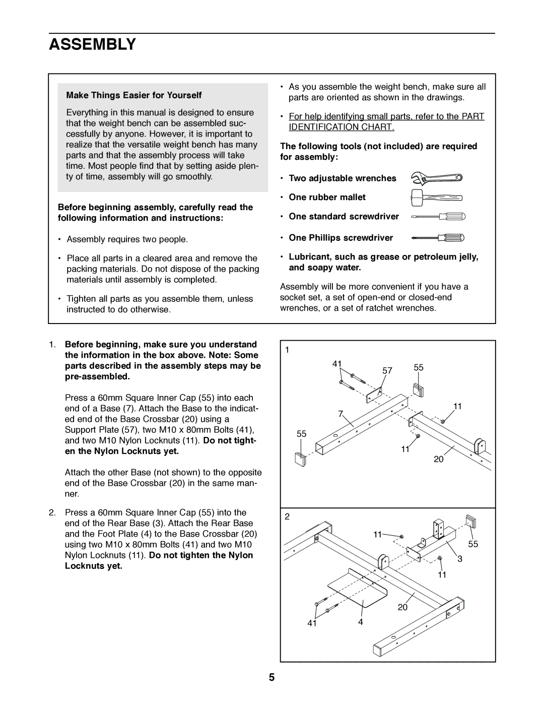 Weider PRO 375 user manual Assembly, Make Things Easier for Yourself, Locknuts yet 