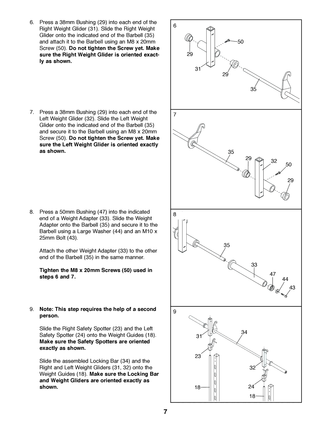 Weider PRO 375 user manual Tighten the M8 x 20mm Screws 50 used in steps 6 