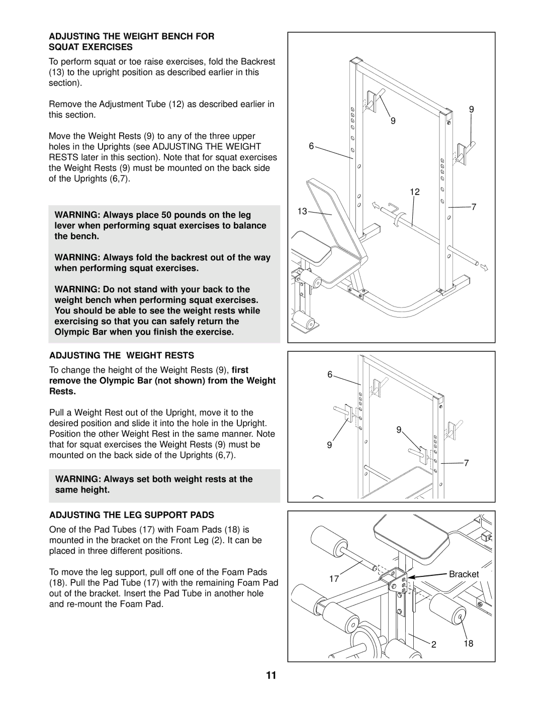 Weider PRO 408 Adjusting the Weight Bench for Squat Exercises, Adjusting the Weight Rests, Adjusting the LEG Support Pads 