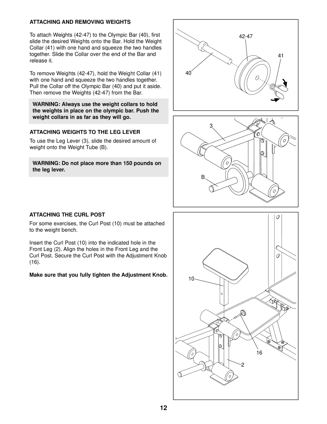 Weider PRO 408 Attaching and Removing Weights, Attaching Weights to the LEG Lever, Attaching the Curl Post, 42-47 