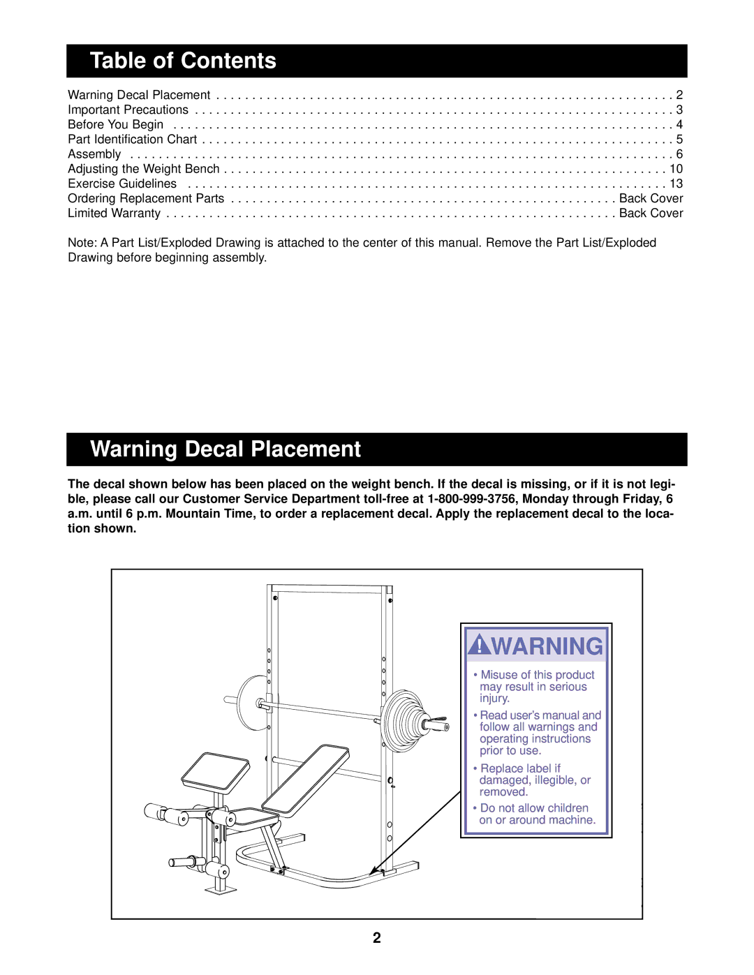 Weider PRO 408 user manual Table of Contents 