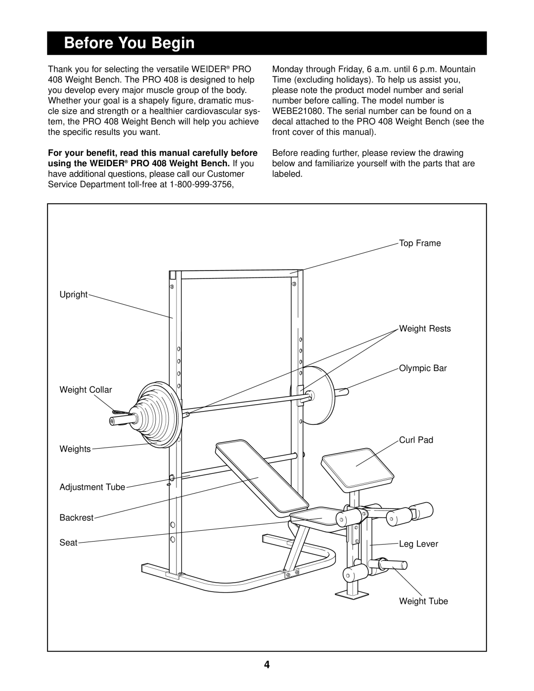 Weider PRO 408 user manual Before You Begin, Using the Weider 