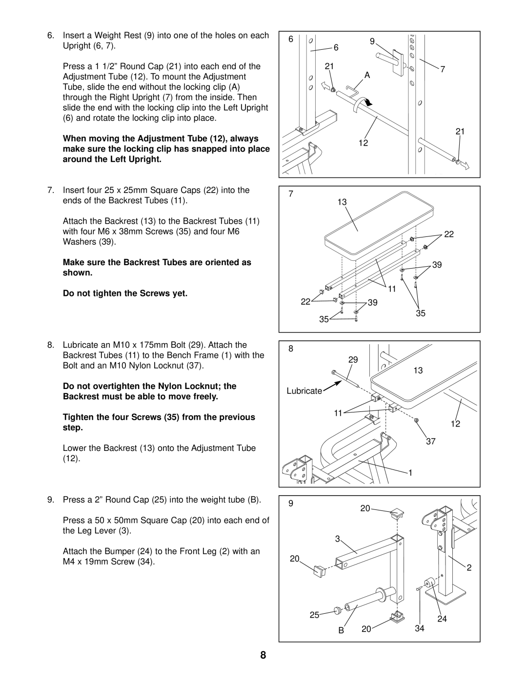 Weider PRO 408 user manual Rotate the locking clip into place, Tighten the four Screws 35 from the previous step, Lubricate 