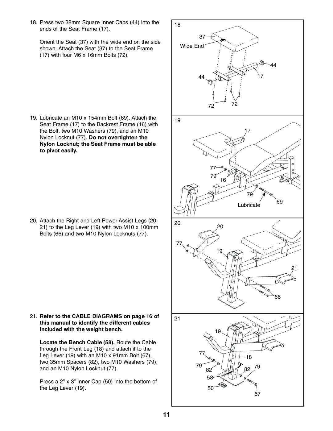 Weider PRO 575 user manual Nylon Locknut the Seat Frame must be able to pivot easily 